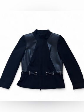Lafayette 148 New York Black Leather Panel Zip Up Jacket